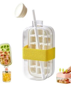 Water Bottle Ice Tray Press-to-Cold 2-in-1 Ice Cube Mold with Yellow Strap